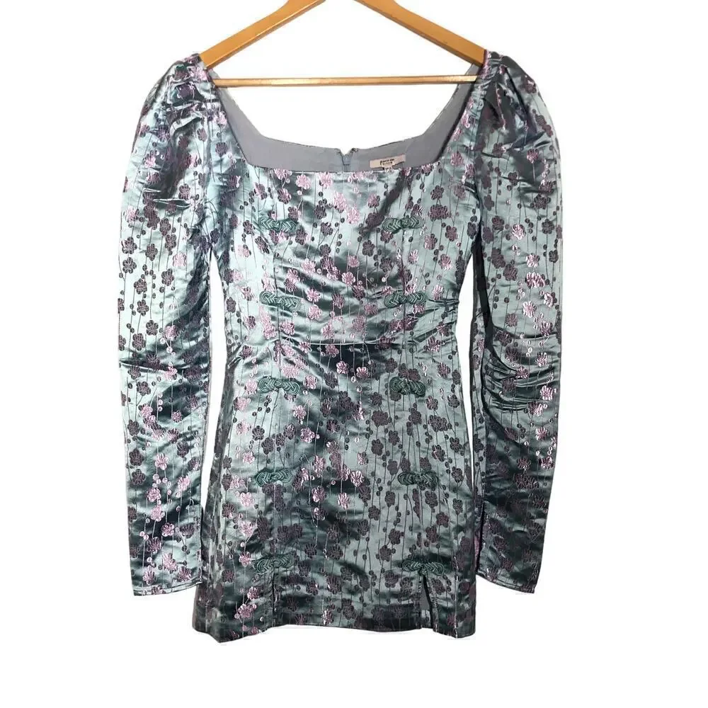 Sau Lee Jen Dress Satin Floral Jacquard Long Sleeve Square Neck Mini Blue Size 0